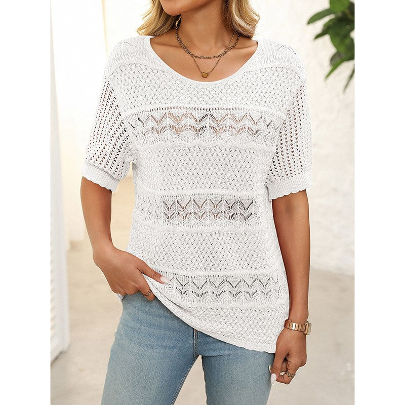 Freya Crochet Knit Short-Sleeve Sweater