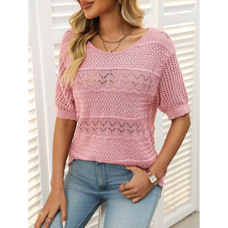 Freya Crochet Knit Short-Sleeve Sweater