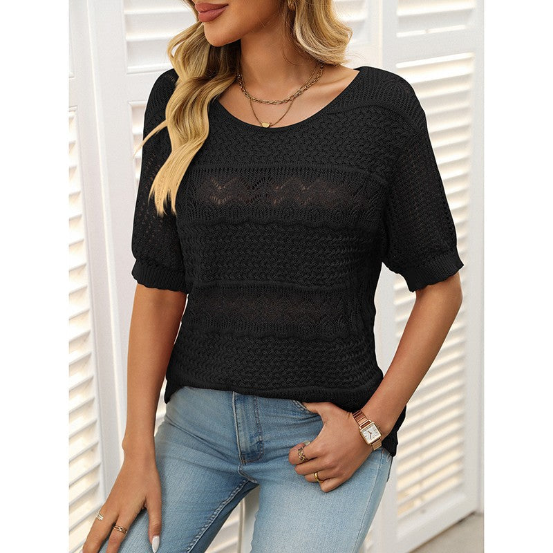 Freya Crochet Knit Short-Sleeve Sweater