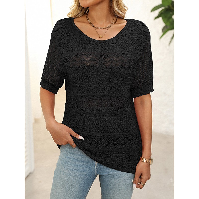 Freya Crochet Knit Short-Sleeve Sweater