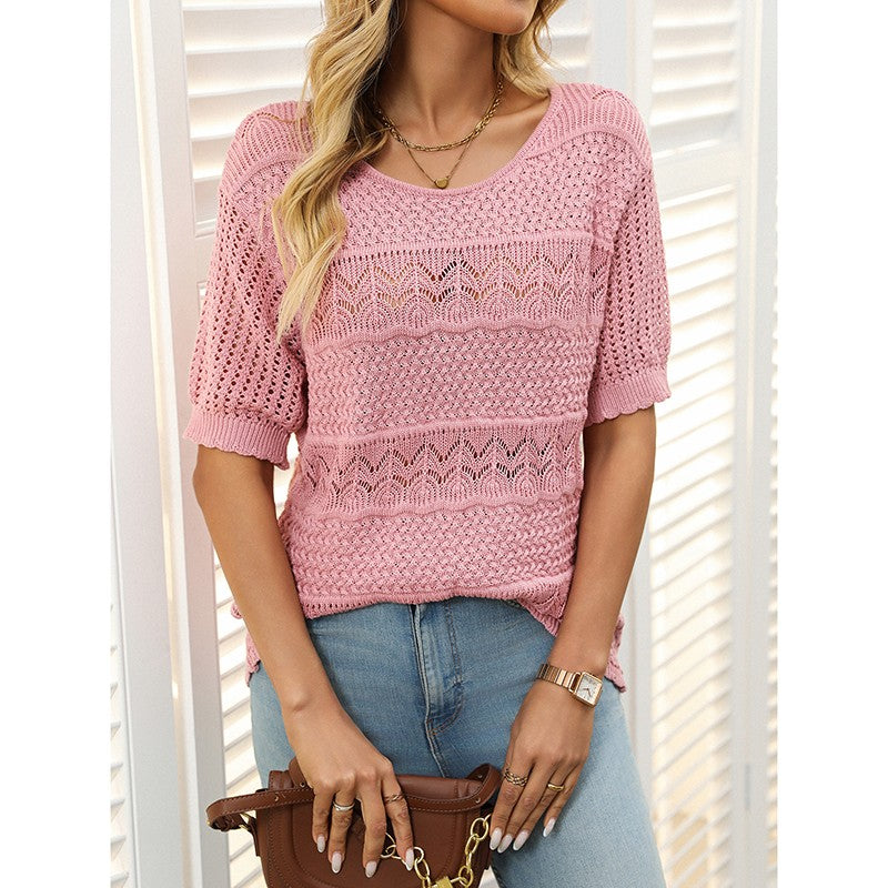 Freya Crochet Knit Short-Sleeve Sweater