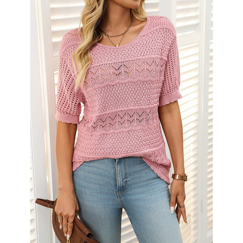 Freya Crochet Knit Short-Sleeve Sweater