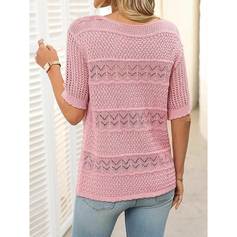 Freya Crochet Knit Short-Sleeve Sweater