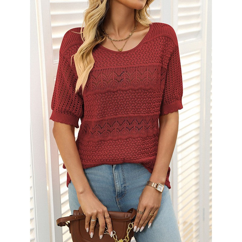 Freya Crochet Knit Short-Sleeve Sweater
